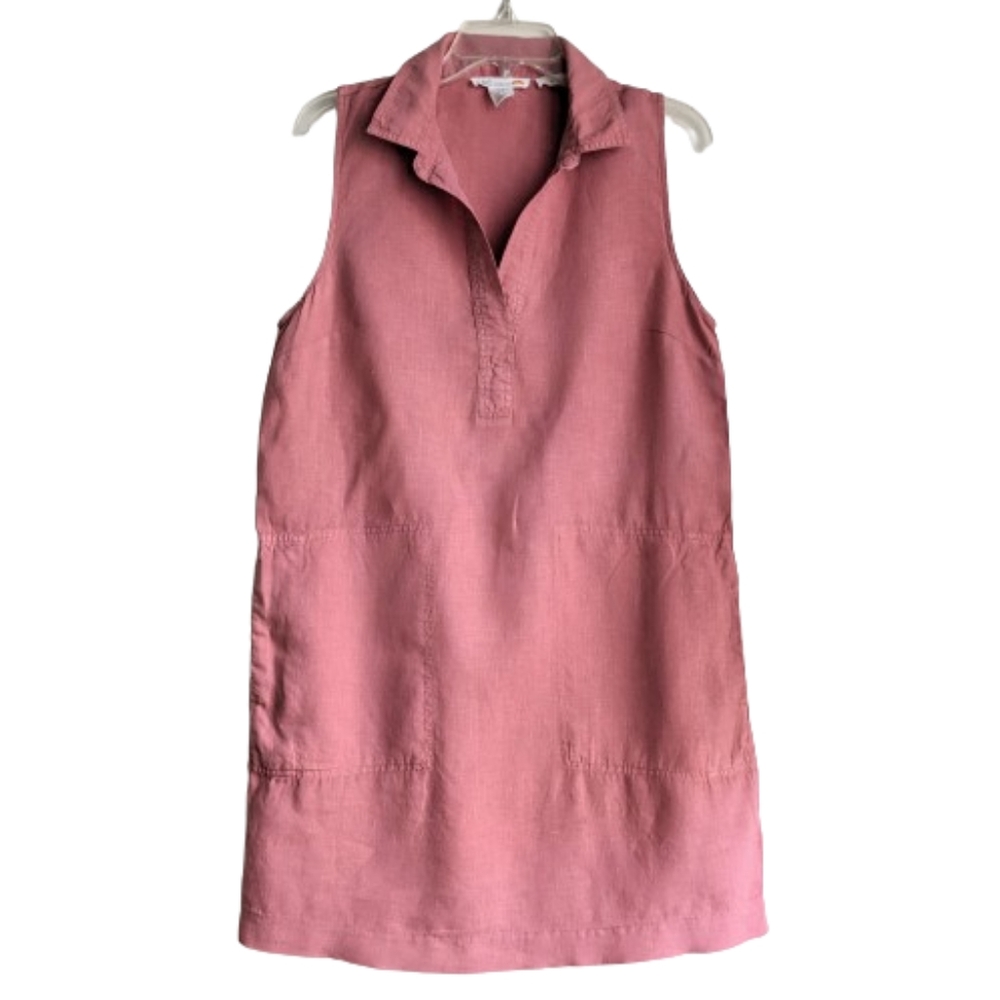 C&C California Dress Linen Pink Red Shift Collared Split Neckline Sleeve…